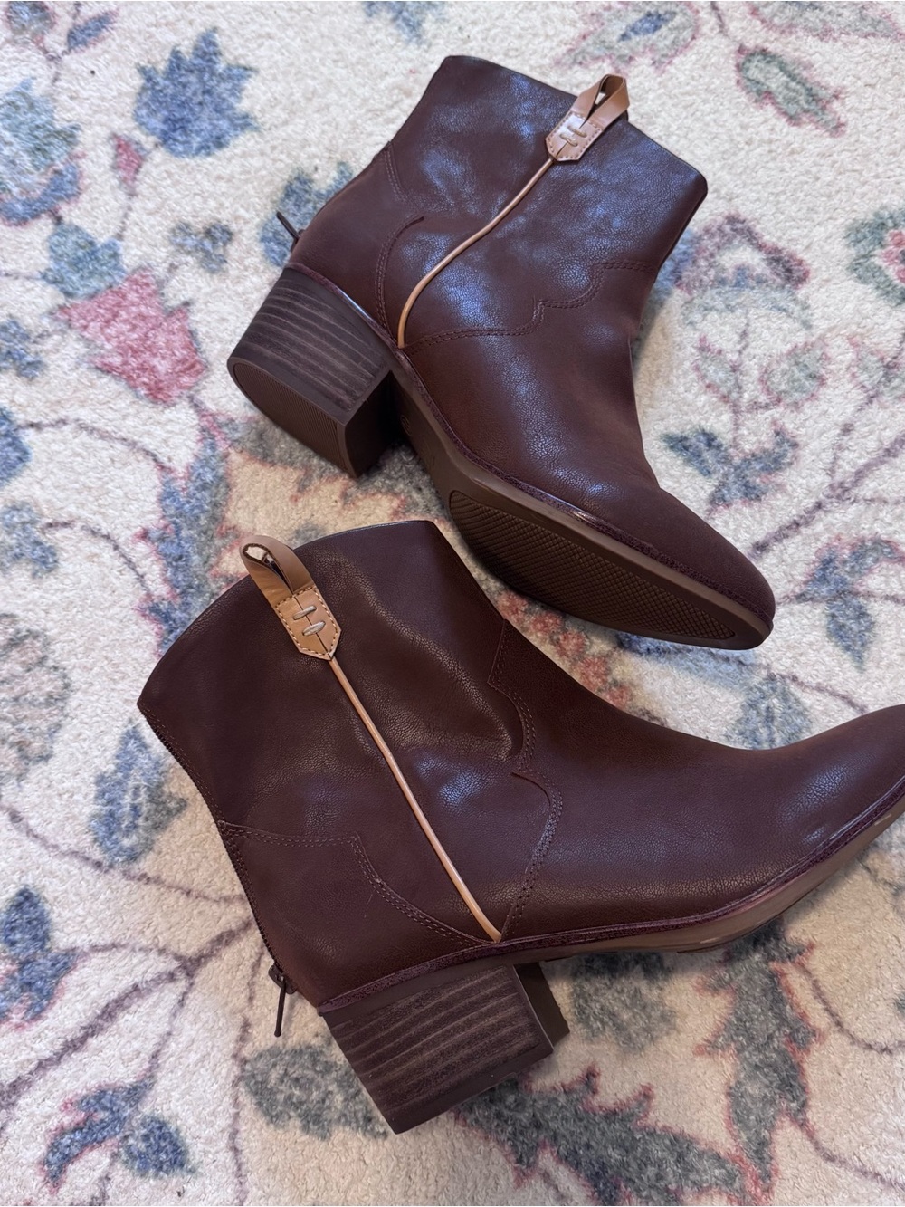 MIA Dark Brown Leather Ankle Booties with Tan Pull Tabs